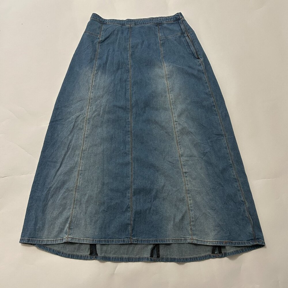 Soft Surroundings Denim Skirt Womens sz Medium Tall Blue Jean Maxi Western 43636